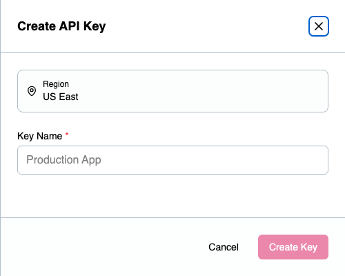 Create API Key dialog — choose your region and name your key